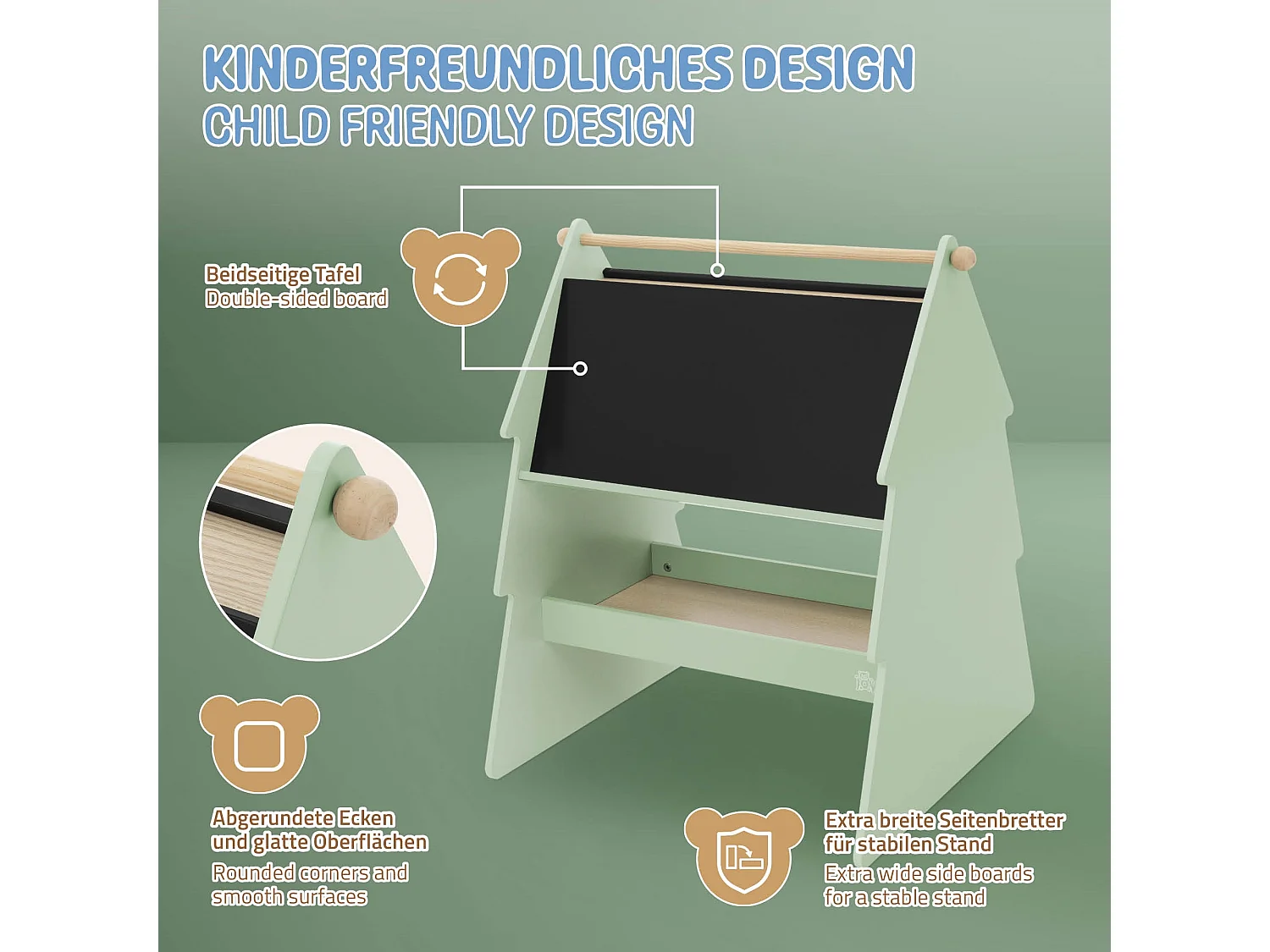 Pizarra infantil de tiza doble cara de madera diseño abeto con espacio y varilla