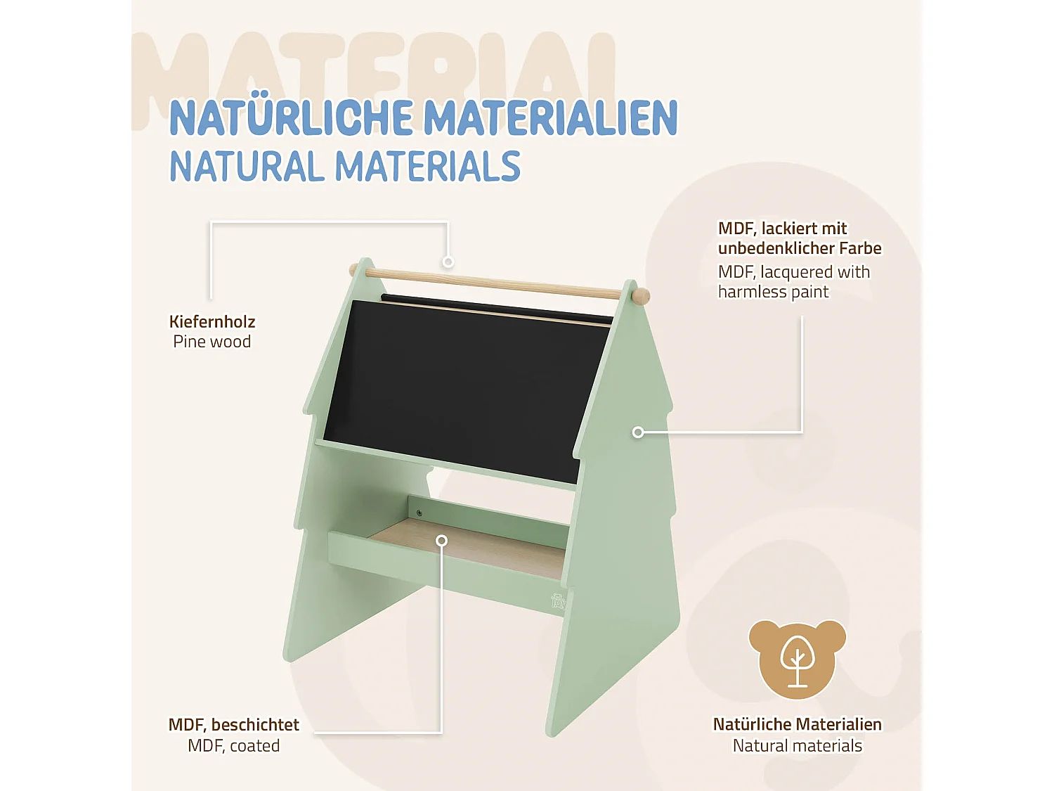 Pizarra infantil de tiza doble cara de madera diseño abeto con espacio y varilla