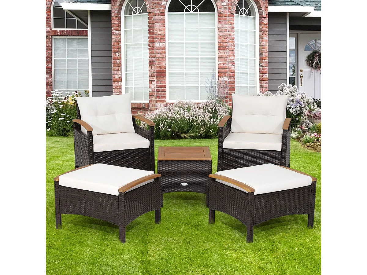 5-delige tuinmeubelset van kunststof en anti-uv-vinyl, 2-4 personen met kussens, 2 fauteuils, 2 krukken en 1 salontafel, bruin