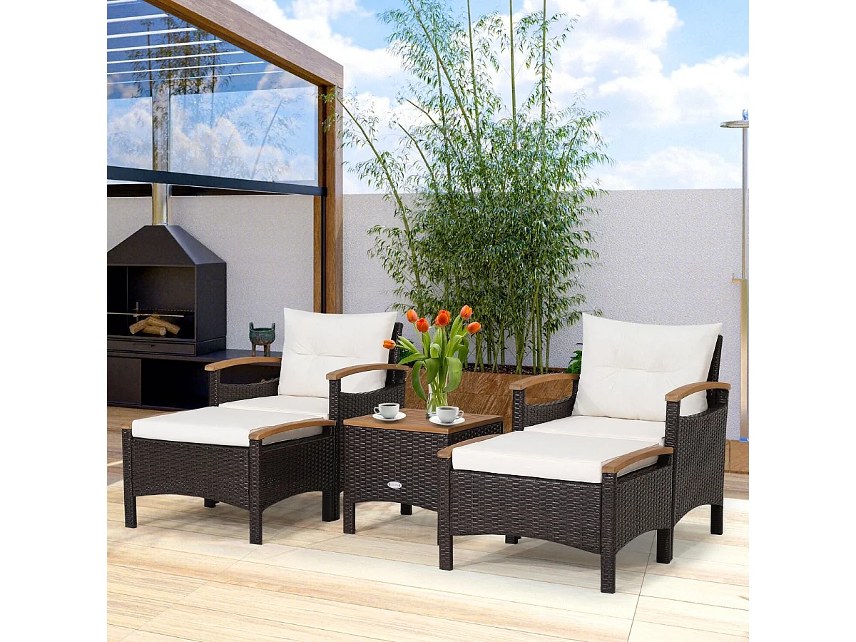 5-delige tuinmeubelset van kunststof en anti-uv-vinyl, 2-4 personen met kussens, 2 fauteuils, 2 krukken en 1 salontafel, bruin