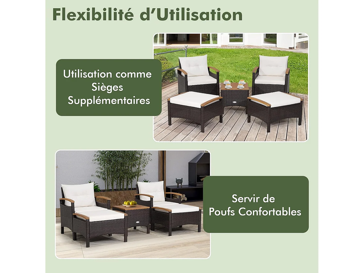 5-delige tuinmeubelset van kunststof en anti-uv-vinyl, 2-4 personen met kussens, 2 fauteuils, 2 krukken en 1 salontafel, bruin