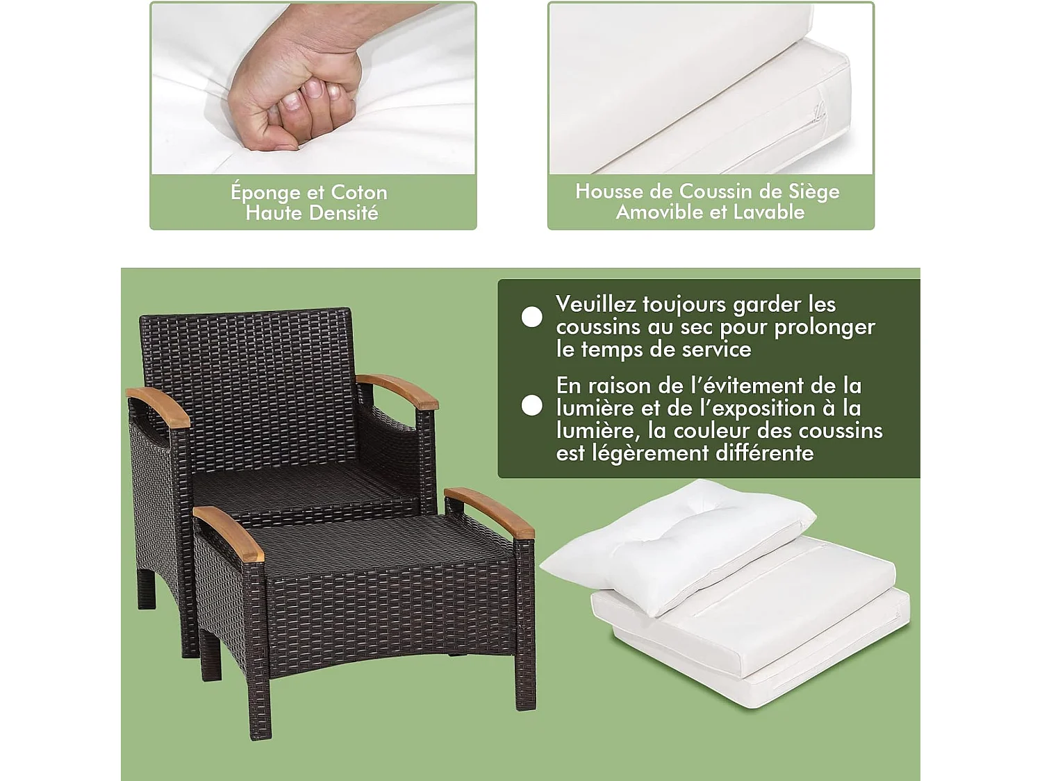 5-delige tuinmeubelset van kunststof en anti-uv-vinyl, 2-4 personen met kussens, 2 fauteuils, 2 krukken en 1 salontafel, bruin