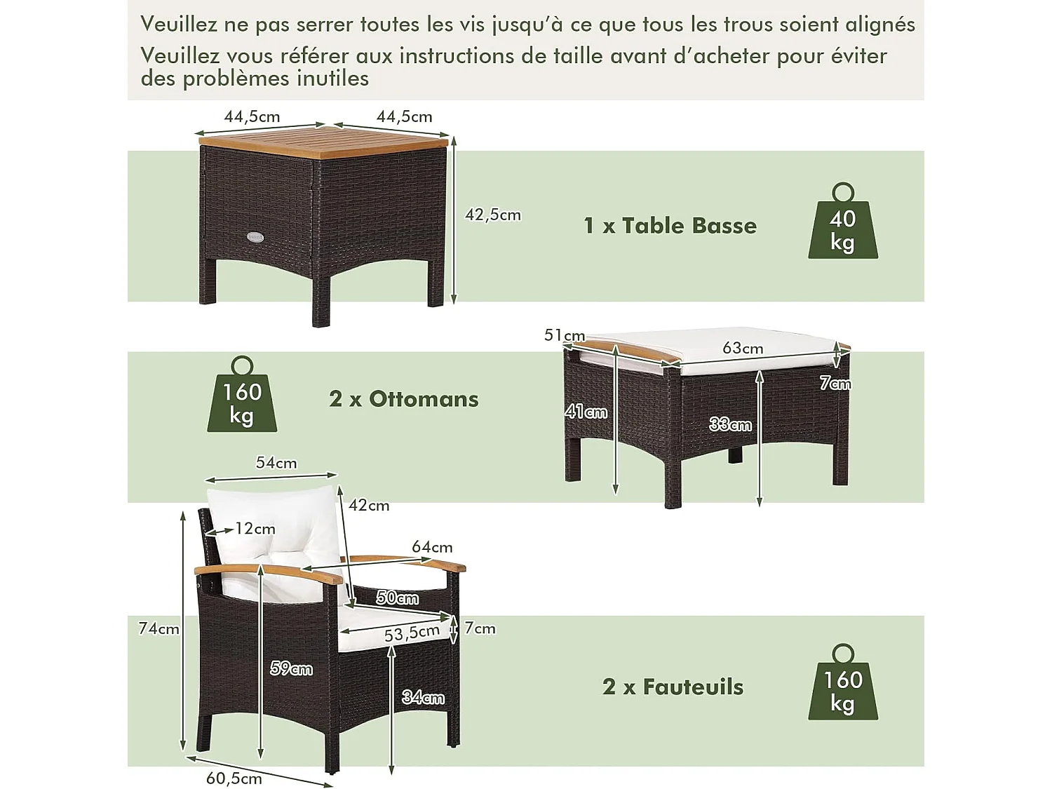 5-delige tuinmeubelset van kunststof en anti-uv-vinyl, 2-4 personen met kussens, 2 fauteuils, 2 krukken en 1 salontafel, bruin