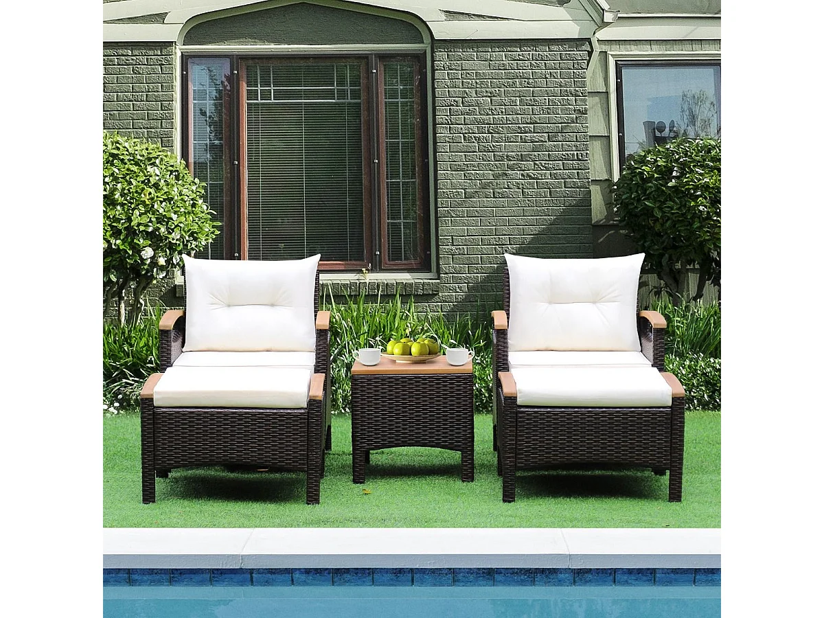 5-delige tuinmeubelset van kunststof en anti-uv-vinyl, 2-4 personen met kussens, 2 fauteuils, 2 krukken en 1 salontafel, bruin