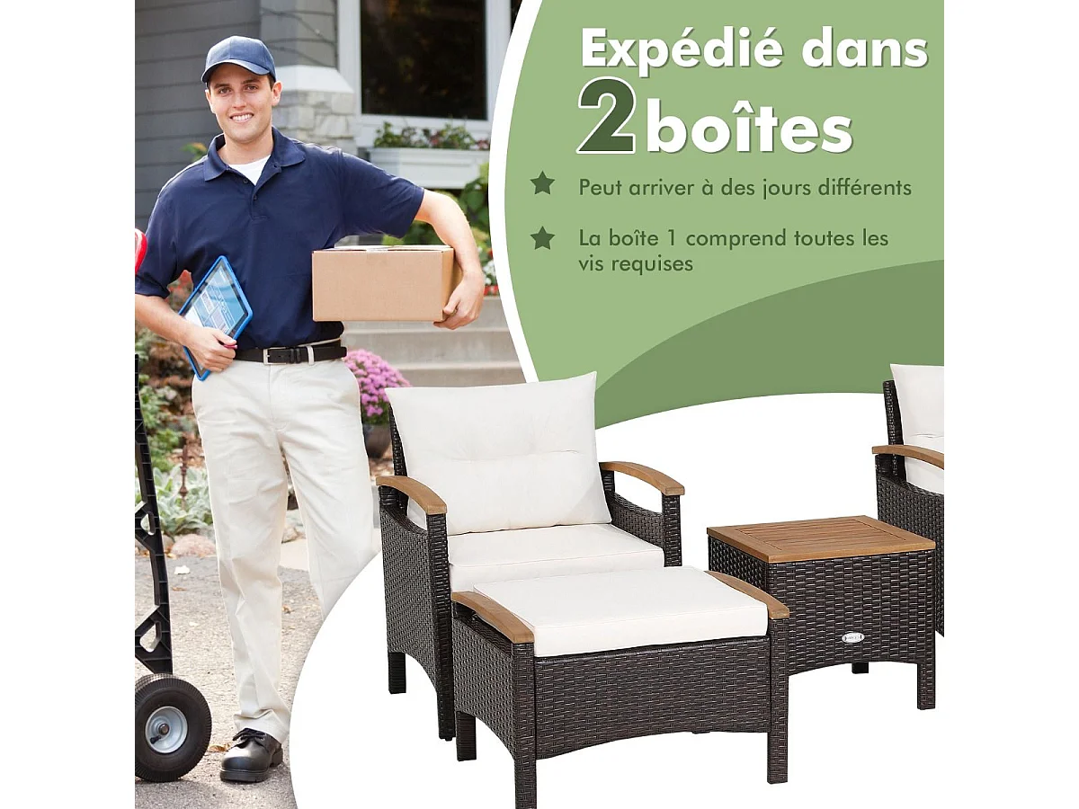 5-delige tuinmeubelset van kunststof en anti-uv-vinyl, 2-4 personen met kussens, 2 fauteuils, 2 krukken en 1 salontafel, bruin