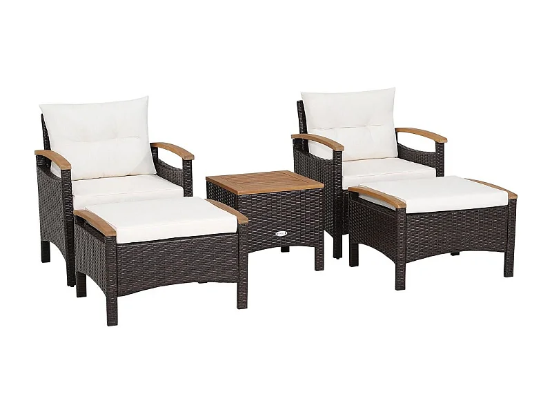 5-delige tuinmeubelset van kunststof en anti-uv-vinyl, 2-4 personen met kussens, 2 fauteuils, 2 krukken en 1 salontafel, bruin