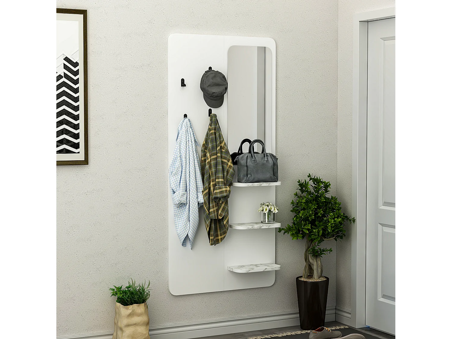 Garderobe Buket Weiß Marmor Optik mit Spiegel 9246