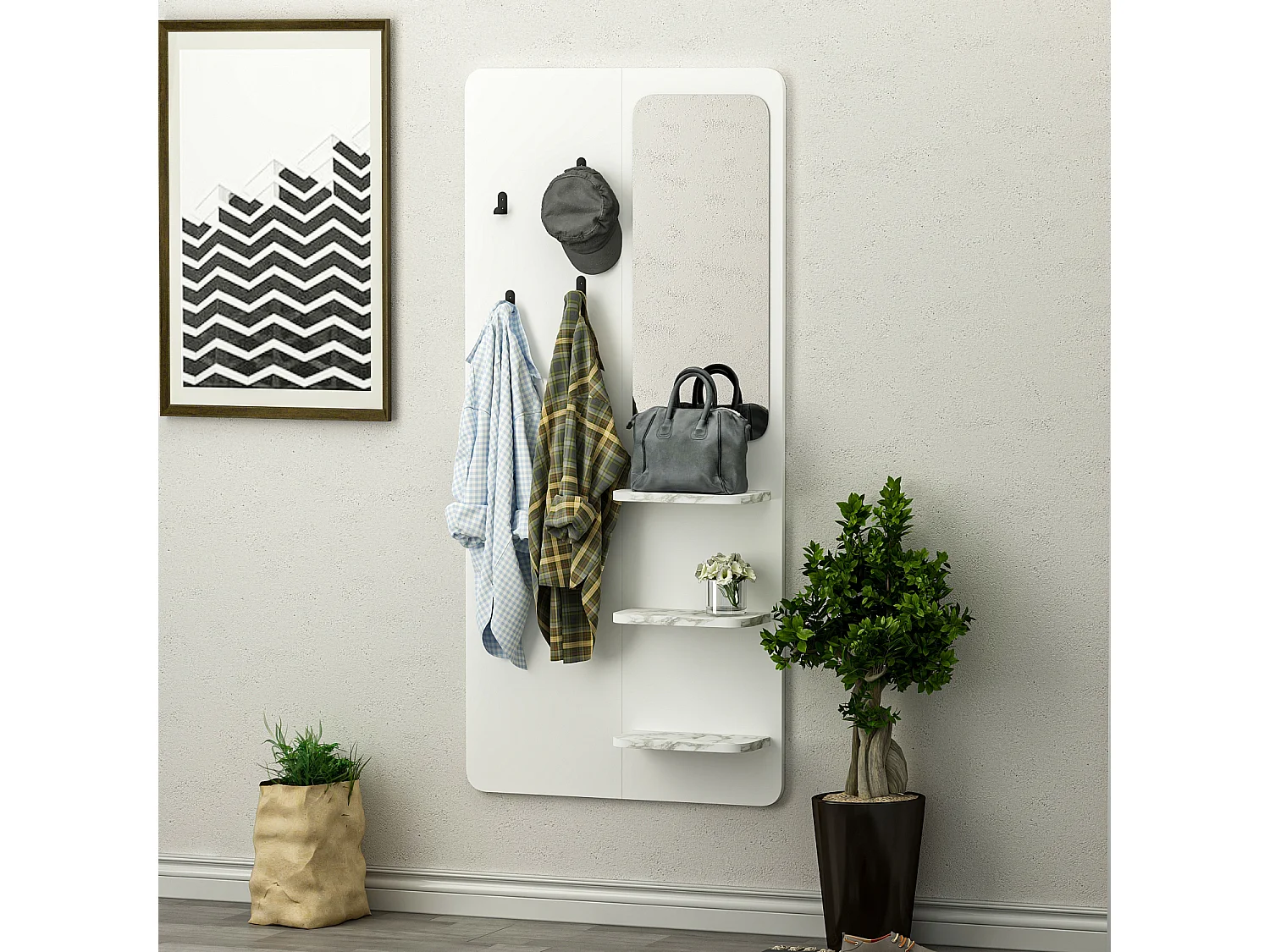 Garderobe Buket Weiß Marmor Optik mit Spiegel 9246