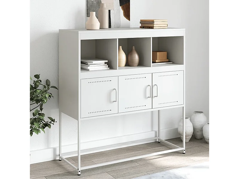 Biały bufet ze stali laminowanej na zimno z 3 drzwiami i LED, 100,5x39x107 cm