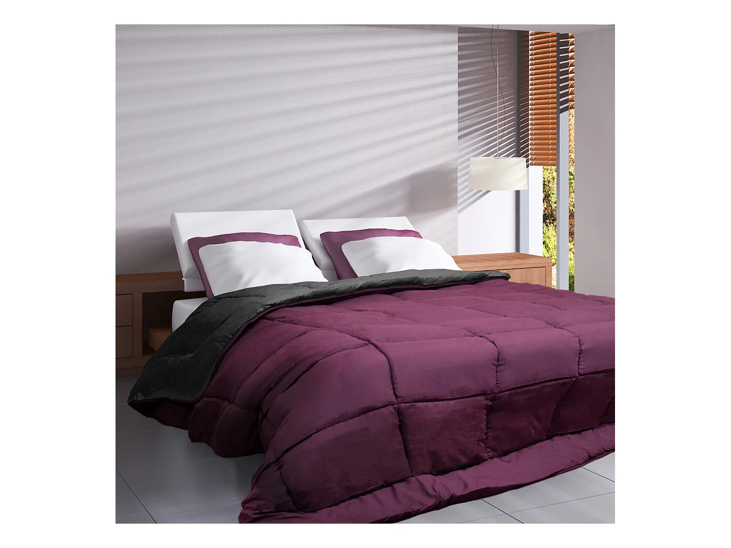 Couette hiver 260x240 cm COCOON BICOLORE Prune/Gris garnissage fibre polyester 400 g/m2