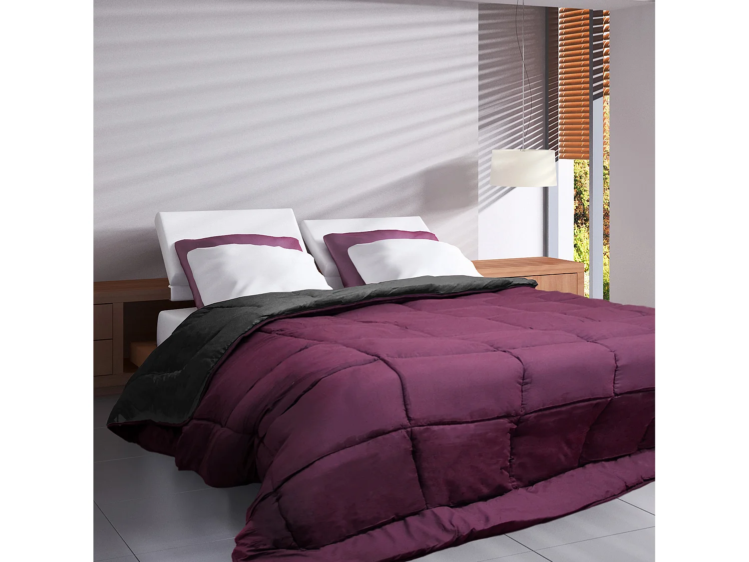 Couette hiver 200x200 cm COCOON BICOLORE Prune/Gris garnissage fibre polyester 400 g/m2