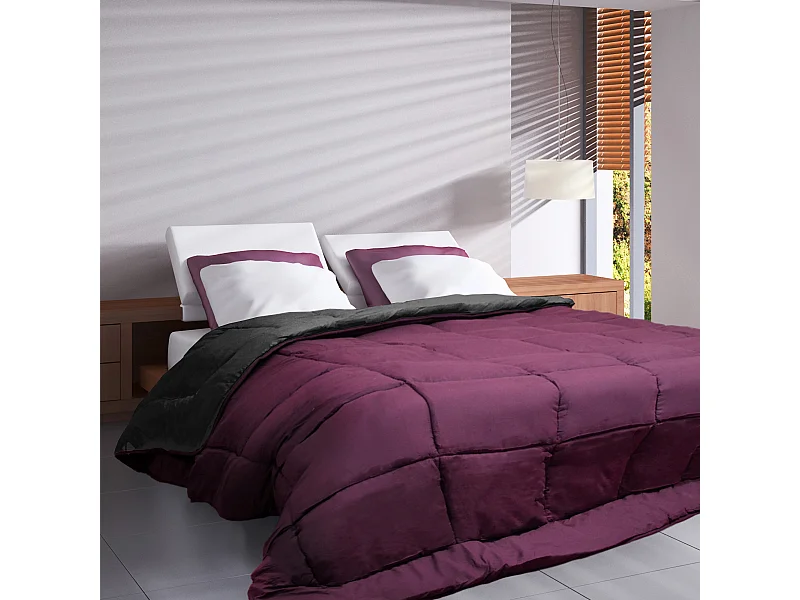 Couette hiver 140x200 cm COCOON BICOLORE Prune/Gris garnissage fibre polyester 400 g/m2