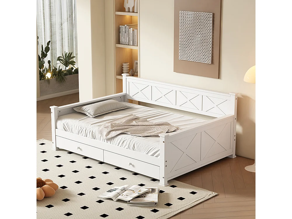 Eenpersoonsbed, 90x200cm, Bed met lattenbodem (zonder matras), 2 laden, Minimalistische stijl, Grenen, Houten bed, Wit