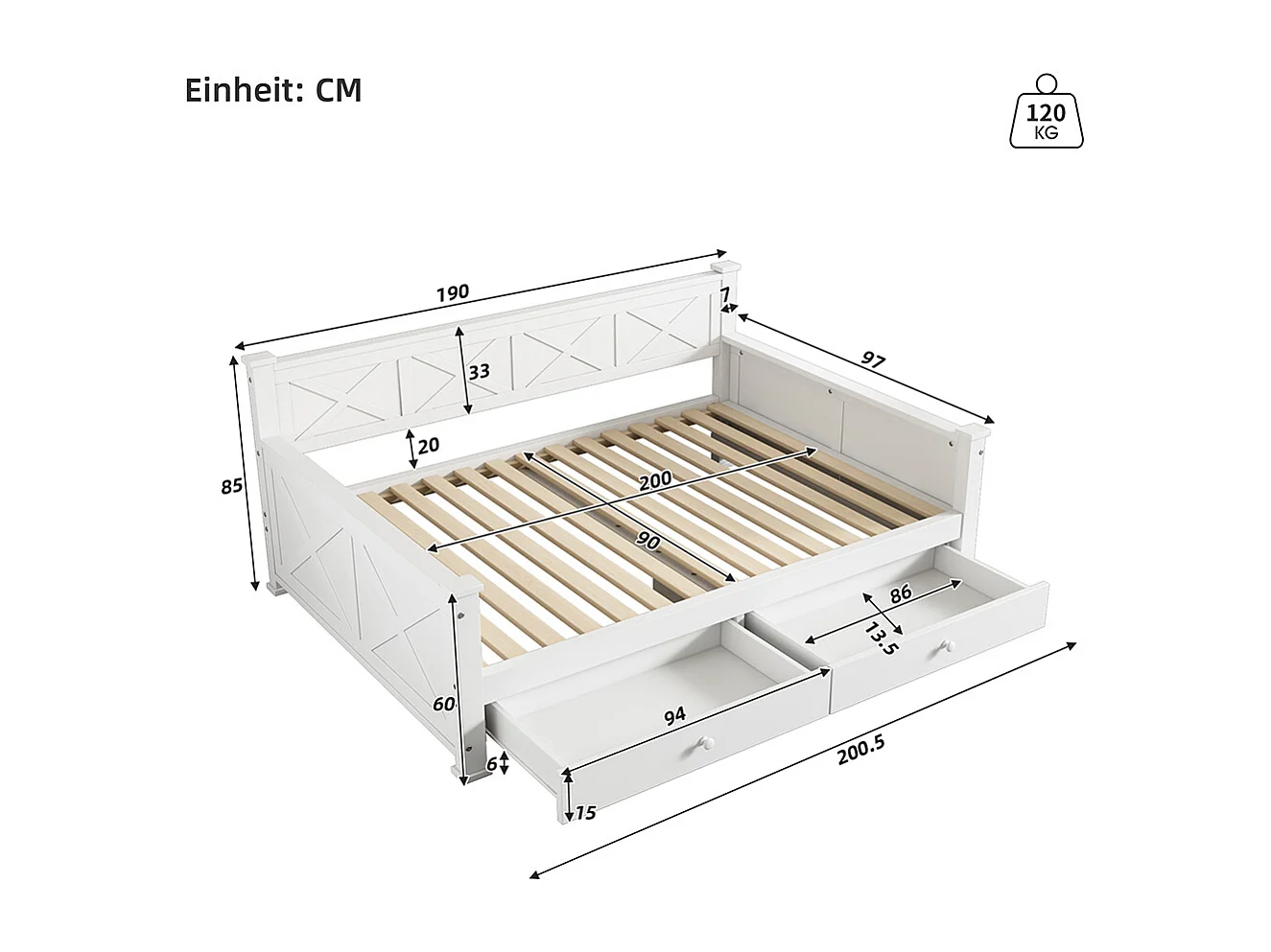 Eenpersoonsbed, 90x200cm, Bed met lattenbodem (zonder matras), 2 laden, Minimalistische stijl, Grenen, Houten bed, Wit