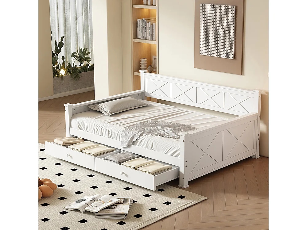 Eenpersoonsbed, 90x200cm, Bed met lattenbodem (zonder matras), 2 laden, Minimalistische stijl, Grenen, Houten bed, Wit