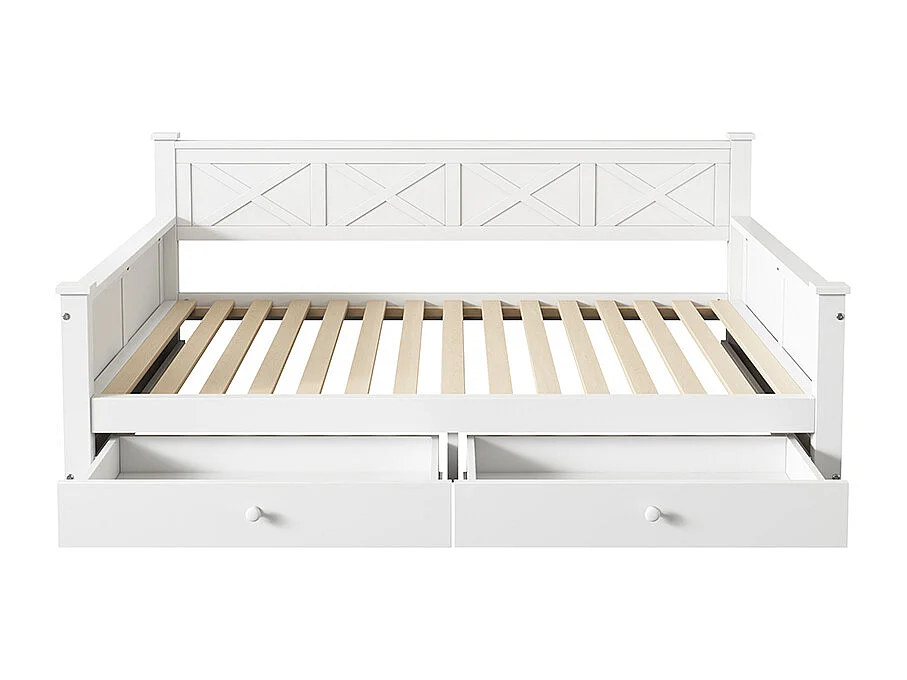 Eenpersoonsbed, 90x200cm, Bed met lattenbodem (zonder matras), 2 laden, Minimalistische stijl, Grenen, Houten bed, Wit