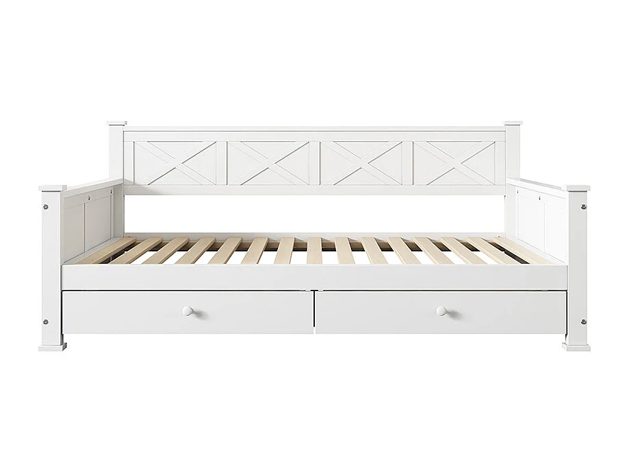 Eenpersoonsbed, 90x200cm, Bed met lattenbodem (zonder matras), 2 laden, Minimalistische stijl, Grenen, Houten bed, Wit