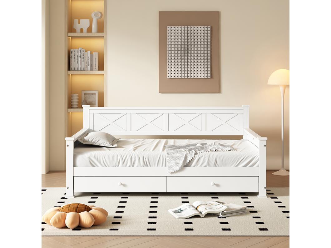 Cama individual, 90x200cm, Cama com estrado de ripas (sem colchão), 2 gavetas, Estilo minimalista, Pinho, Cama de madeira, Branco