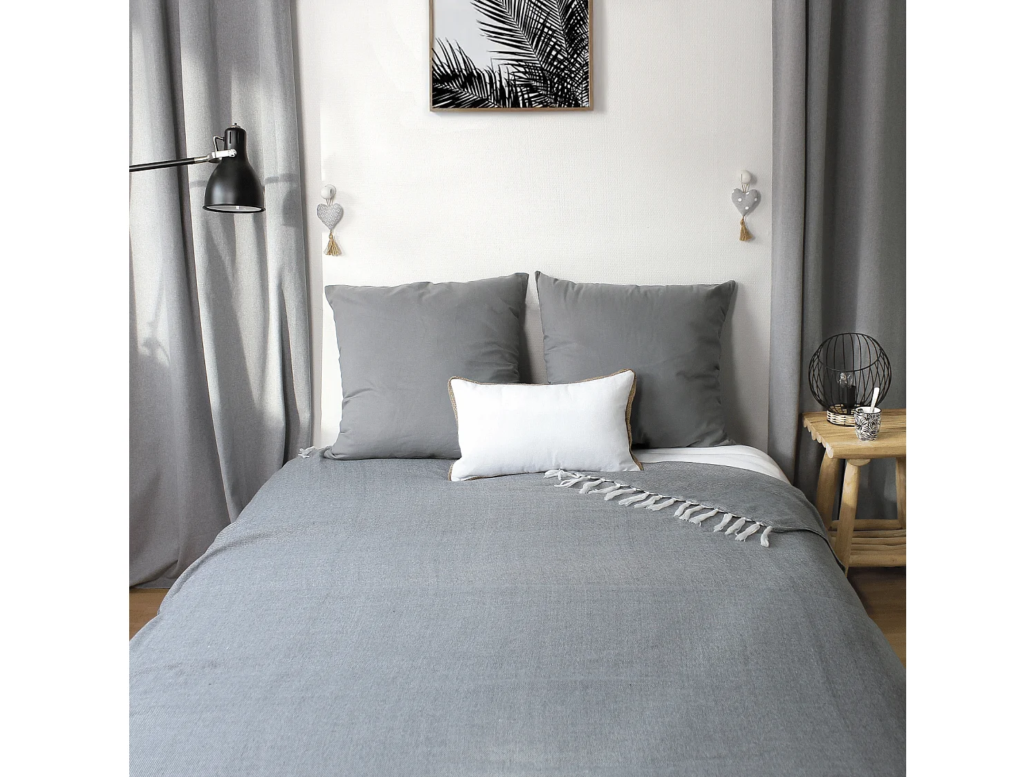 Plaid Uni à Franges XL "Dobby" 180x220cm Gris Foncé