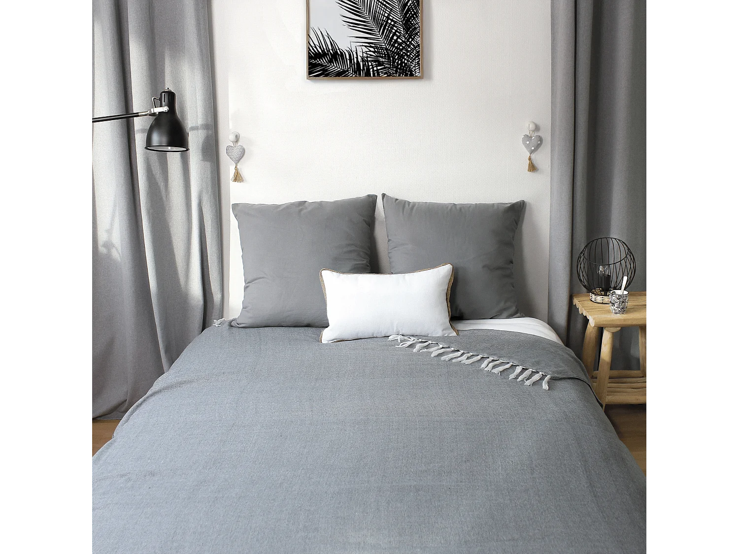 Plaid Uni à Franges XL "Dobby" 180x220cm Gris Foncé