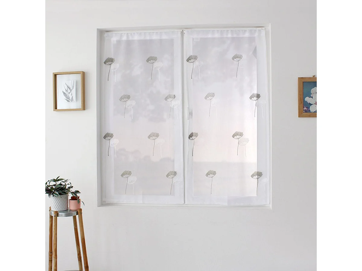 Paire de Voilages Brodés "Cosmos" 60x120cm Gris & Blanc