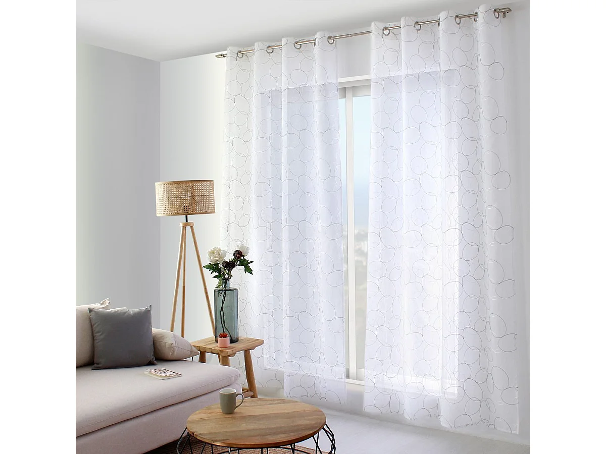 Rideau Voilage Brodé "Galet" 140x240cm Gris & Blanc