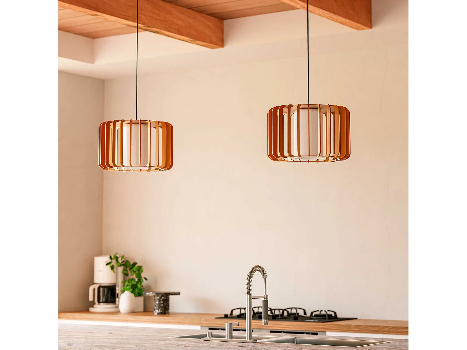 Lampe à suspension Viva en noir et bois clair pour ampoule E27