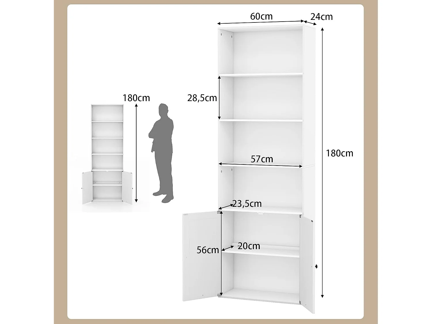 Bibliothèque Étagère 180 cm, Colonne de Rangement 6 Étagères, Armoire d'Affichage à 2 Portes avec Étagère Réglable, pour Salon, Bureau, Chambre, 60 x 24 x 180 cm, Blanc