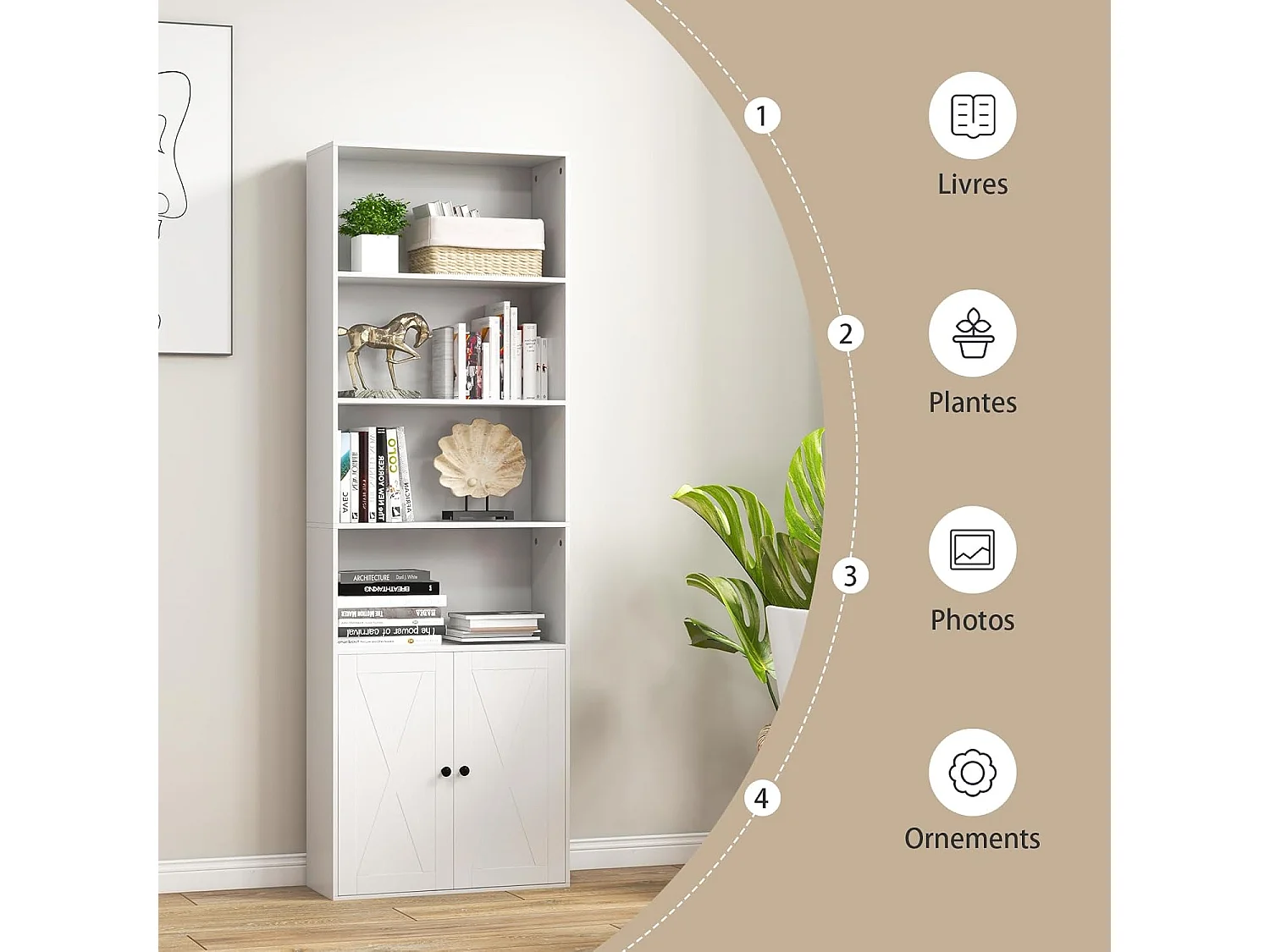 Bibliothèque Étagère 180 cm, Colonne de Rangement 6 Étagères, Armoire d'Affichage à 2 Portes avec Étagère Réglable, pour Salon, Bureau, Chambre, 60 x 24 x 180 cm, Blanc