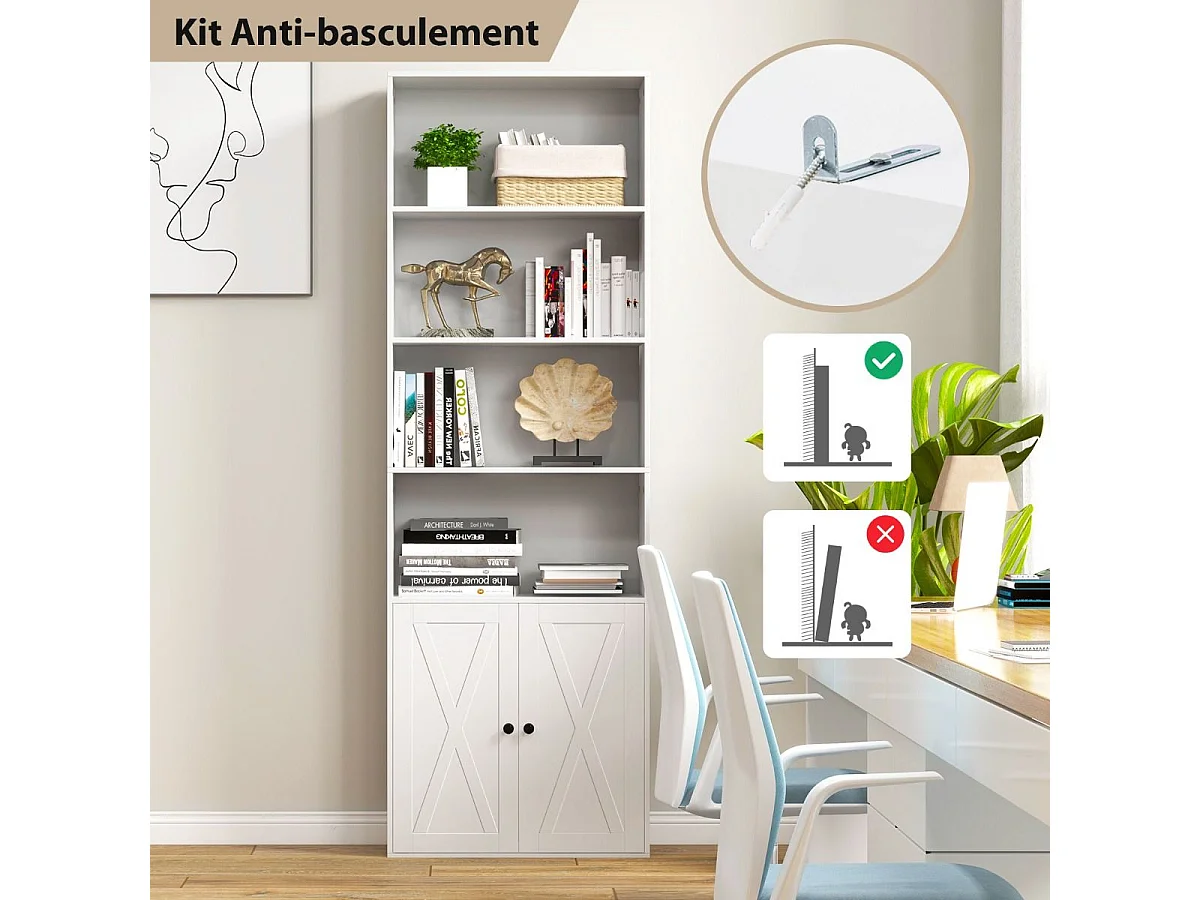 Bibliothèque Étagère 180 cm, Colonne de Rangement 6 Étagères, Armoire d'Affichage à 2 Portes avec Étagère Réglable, pour Salon, Bureau, Chambre, 60 x 24 x 180 cm, Blanc