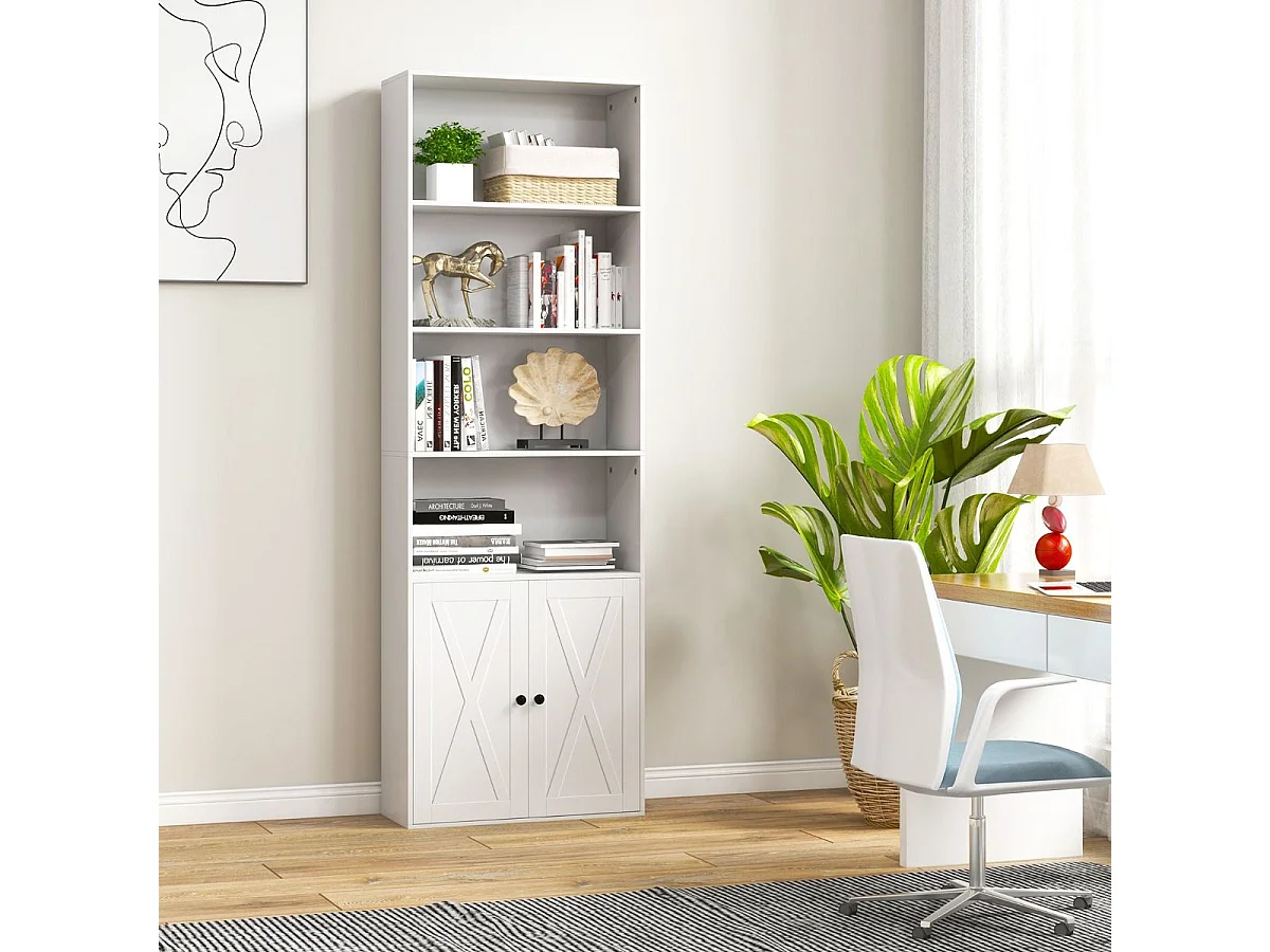 Bibliothèque Étagère 180 cm, Colonne de Rangement 6 Étagères, Armoire d'Affichage à 2 Portes avec Étagère Réglable, pour Salon, Bureau, Chambre, 60 x 24 x 180 cm, Blanc