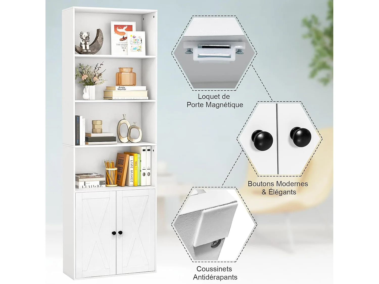 Bibliothèque Étagère 180 cm, Colonne de Rangement 6 Étagères, Armoire d'Affichage à 2 Portes avec Étagère Réglable, pour Salon, Bureau, Chambre, 60 x 24 x 180 cm, Blanc