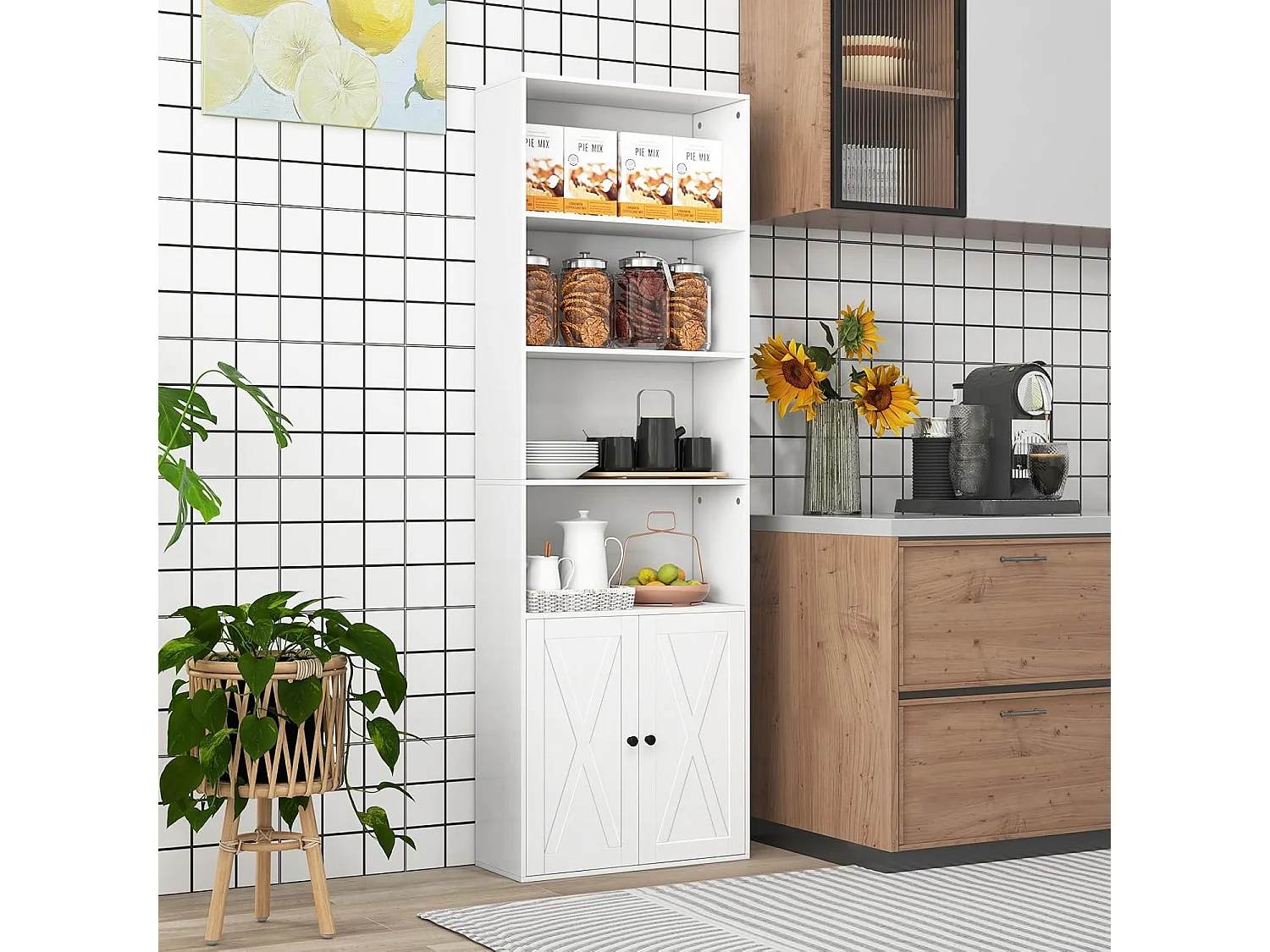 Bibliothèque Étagère 180 cm, Colonne de Rangement 6 Étagères, Armoire d'Affichage à 2 Portes avec Étagère Réglable, pour Salon, Bureau, Chambre, 60 x 24 x 180 cm, Blanc