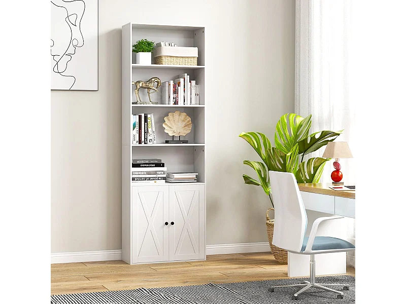 Bibliothèque Étagère 180 cm, Colonne de Rangement 6 Étagères, Armoire d'Affichage à 2 Portes avec Étagère Réglable, pour Salon, Bureau, Chambre, 60 x 24 x 180 cm, Blanc