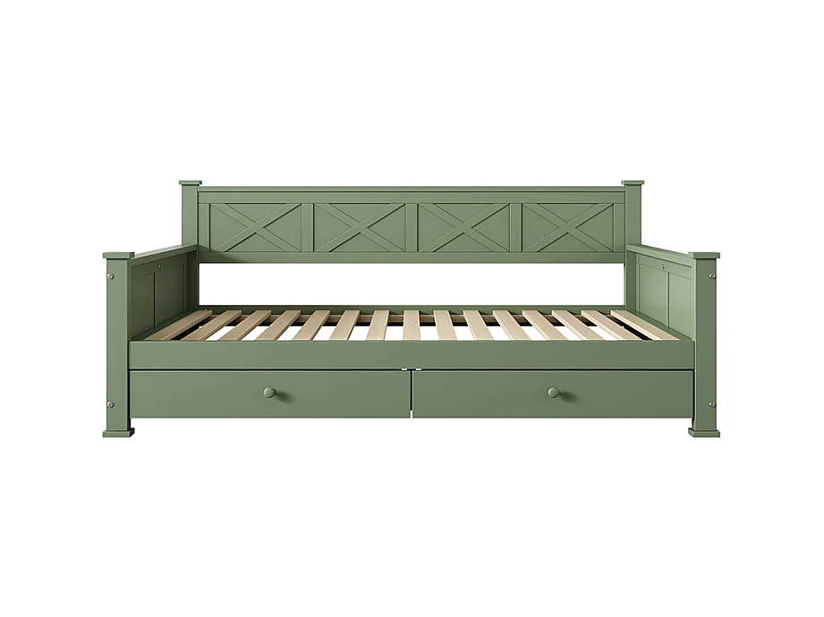Cama individual, 90x200cm, Cama com estrado de ripas (sem colchão), 2 gavetas, Estilo minimalista, Pinho, Cama de madeira, verde