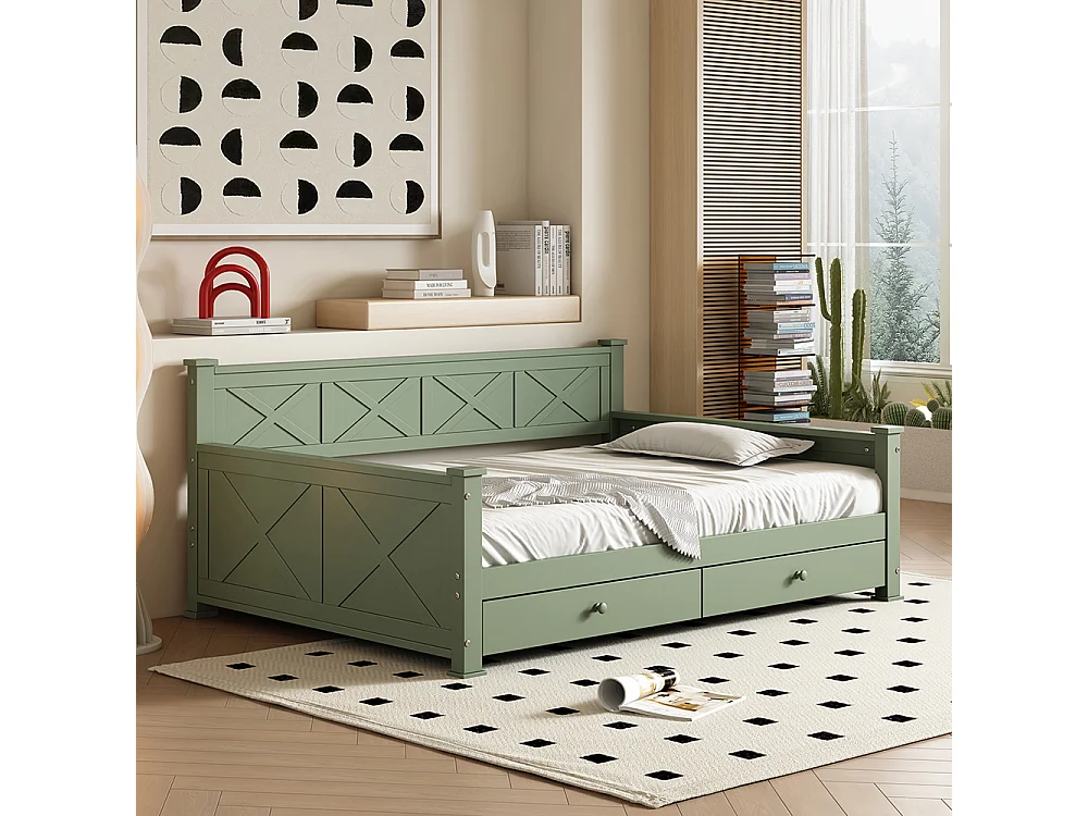 Lit simple, 90x200cm, Lit avec sommier à lattes (sans matelas), 2 tiroirs, Style minimaliste, Pin, Lit en bois, vert