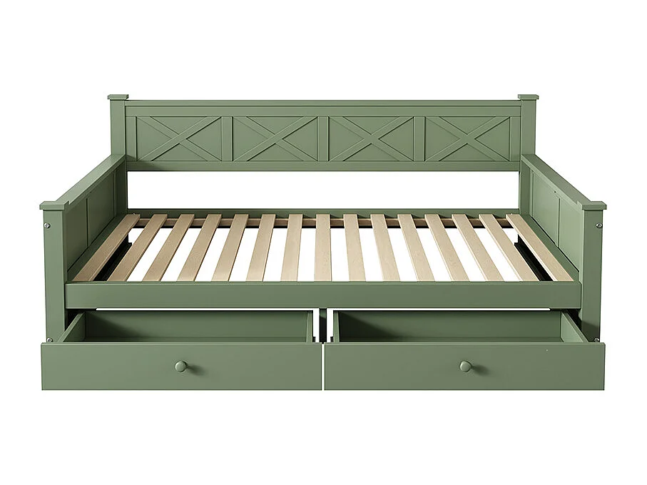 Lit simple, 90x200cm, Lit avec sommier à lattes (sans matelas), 2 tiroirs, Style minimaliste, Pin, Lit en bois, vert