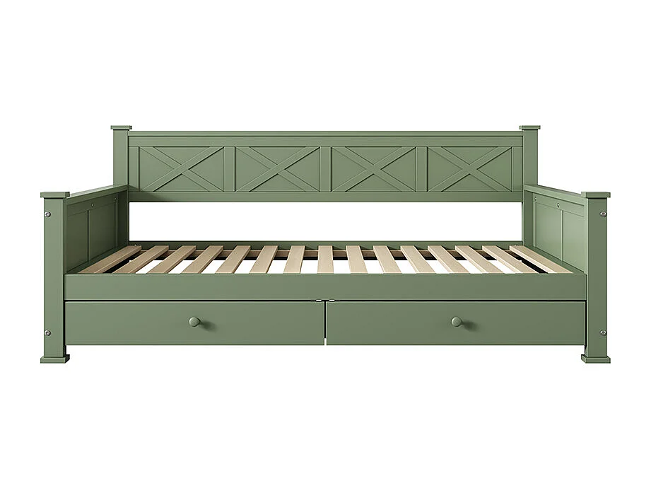 Lit simple, 90x200cm, Lit avec sommier à lattes (sans matelas), 2 tiroirs, Style minimaliste, Pin, Lit en bois, vert