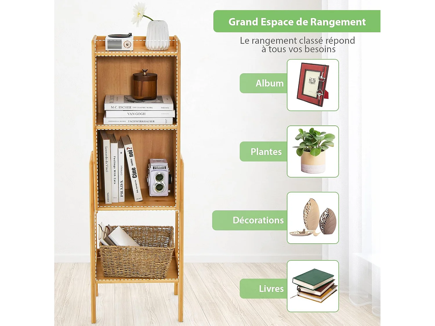 Bibliothèque Étagère Rangement en Bambou, Pieds Bords Surélevés, Meuble Bibliothèque pour Petit Espace, Chambre, Salon, Cuisine (Jaune, 113 CM)