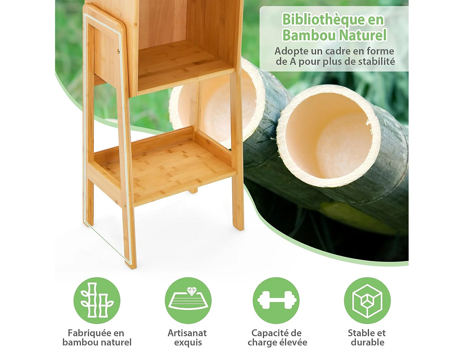 Bibliothèque Étagère Rangement en Bambou, Pieds Bords Surélevés, Meuble Bibliothèque pour Petit Espace, Chambre, Salon, Cuisine (Jaune, 113 CM)