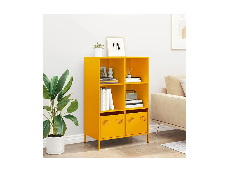 Wysoki żółty bufet zimnogięty ze stali z dużą przestrzenią przechowywania i metalowymi nogami - 68x39x103,5 cm