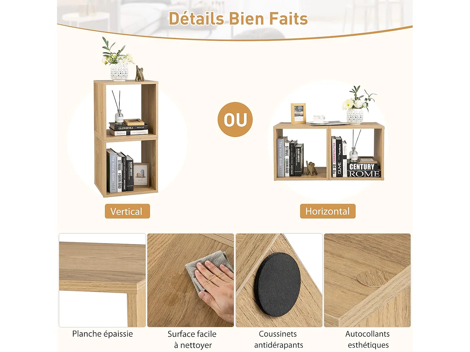 Lot de 2 Étagère de Rangement, 2 Cube de Rangement Salon Chambre Bureau Entrée, 38 x 33 x 77 cm, Naturel