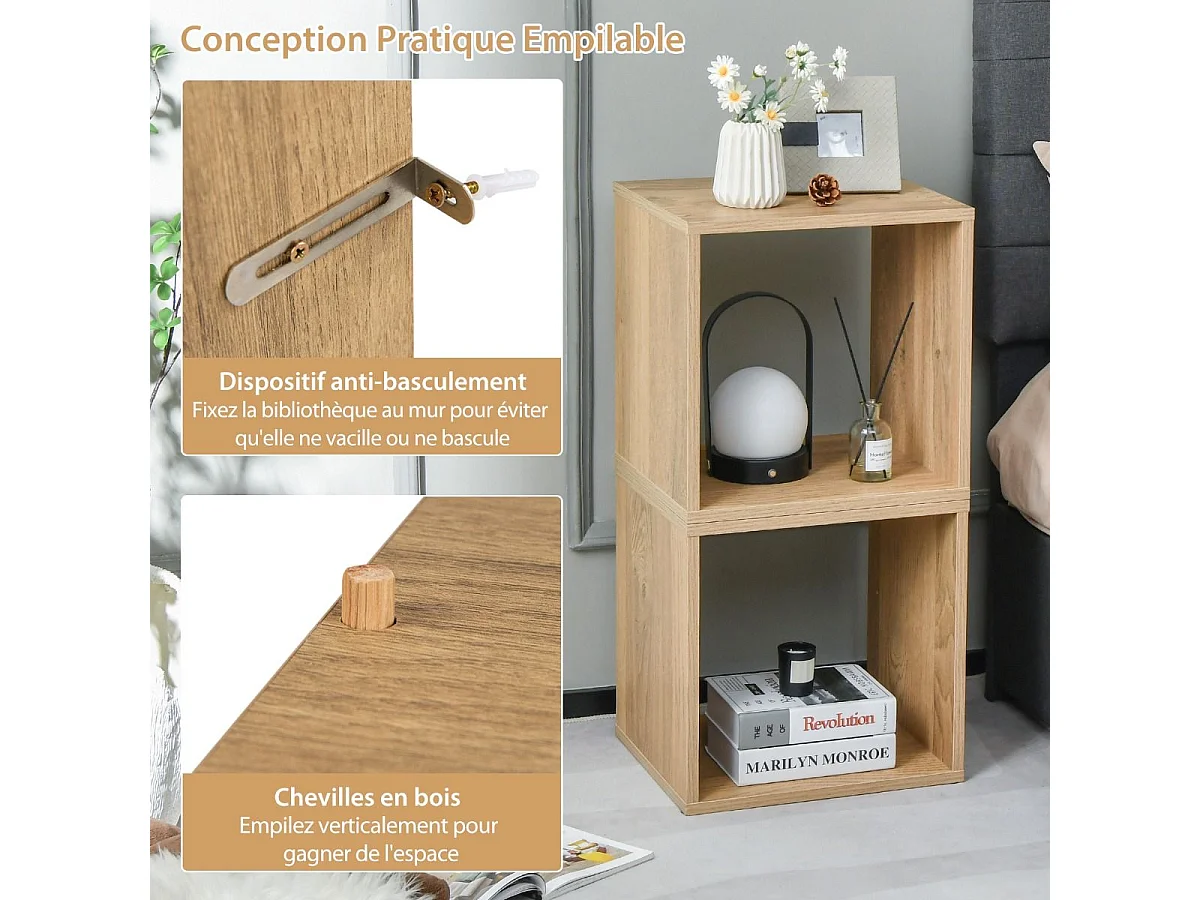 Lot de 2 Étagère de Rangement, 2 Cube de Rangement Salon Chambre Bureau Entrée, 38 x 33 x 77 cm, Naturel