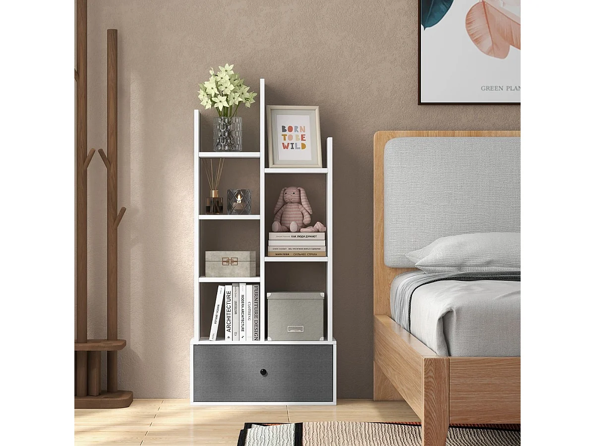 Bibliothèque à 7 niveaux avec tiroir amovible, étagère 7 compartiments, 53x24x118cm blanc