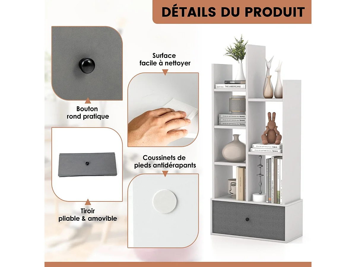 Bibliothèque à 7 niveaux avec tiroir amovible, étagère 7 compartiments, 53x24x118cm blanc