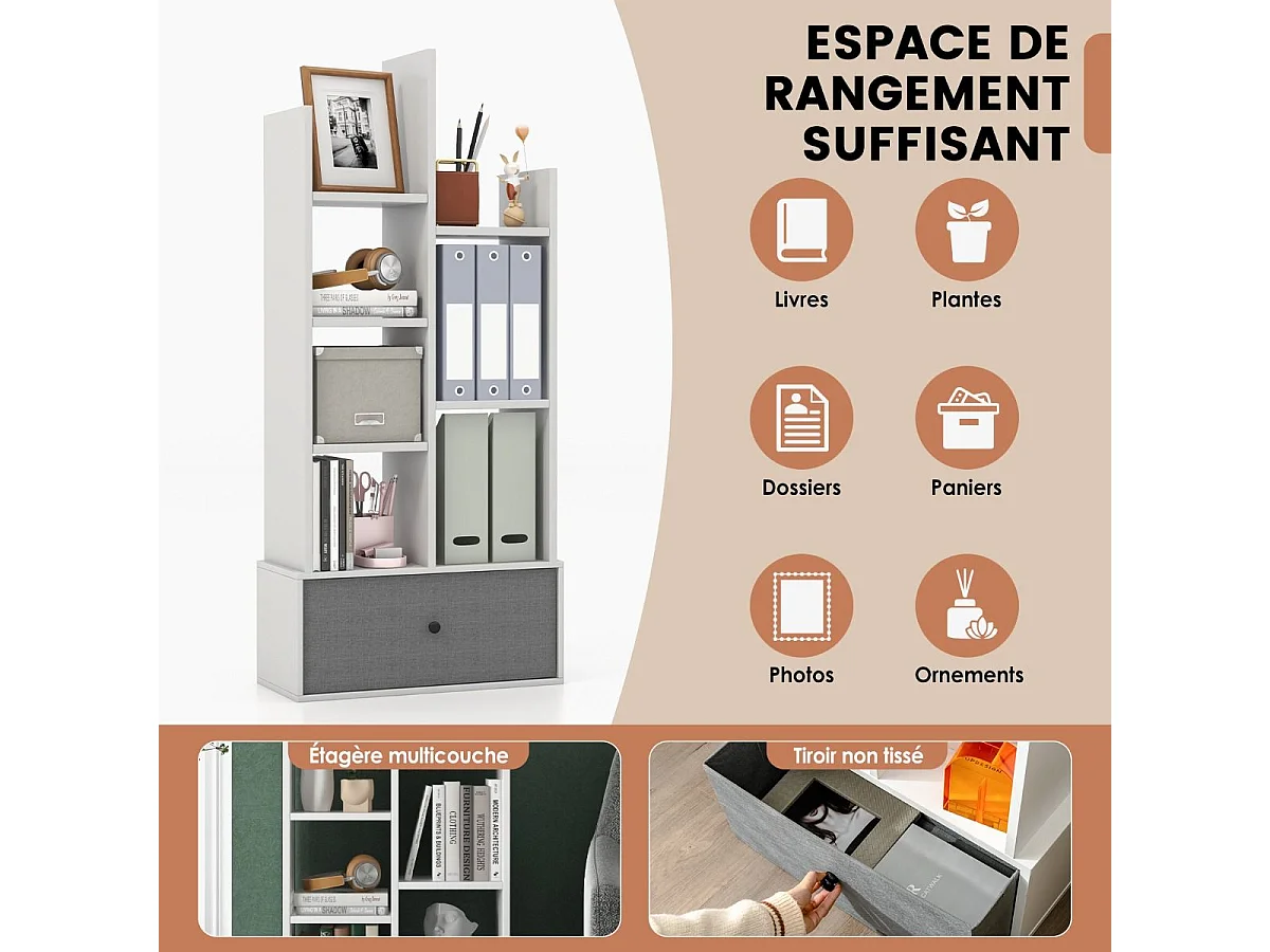 Bibliothèque à 7 niveaux avec tiroir amovible, étagère 7 compartiments, 53x24x118cm blanc