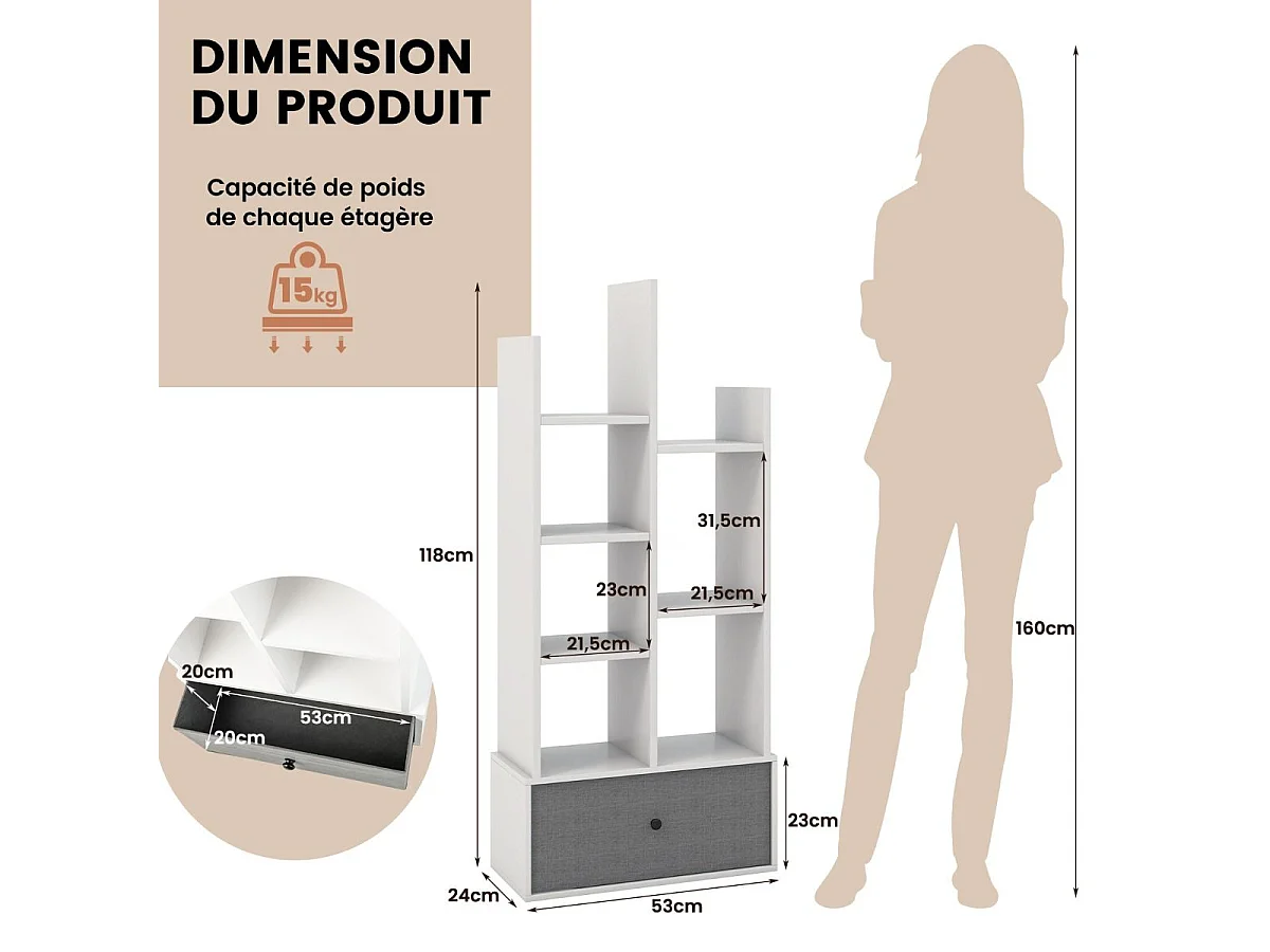 Bibliothèque à 7 niveaux avec tiroir amovible, étagère 7 compartiments, 53x24x118cm blanc
