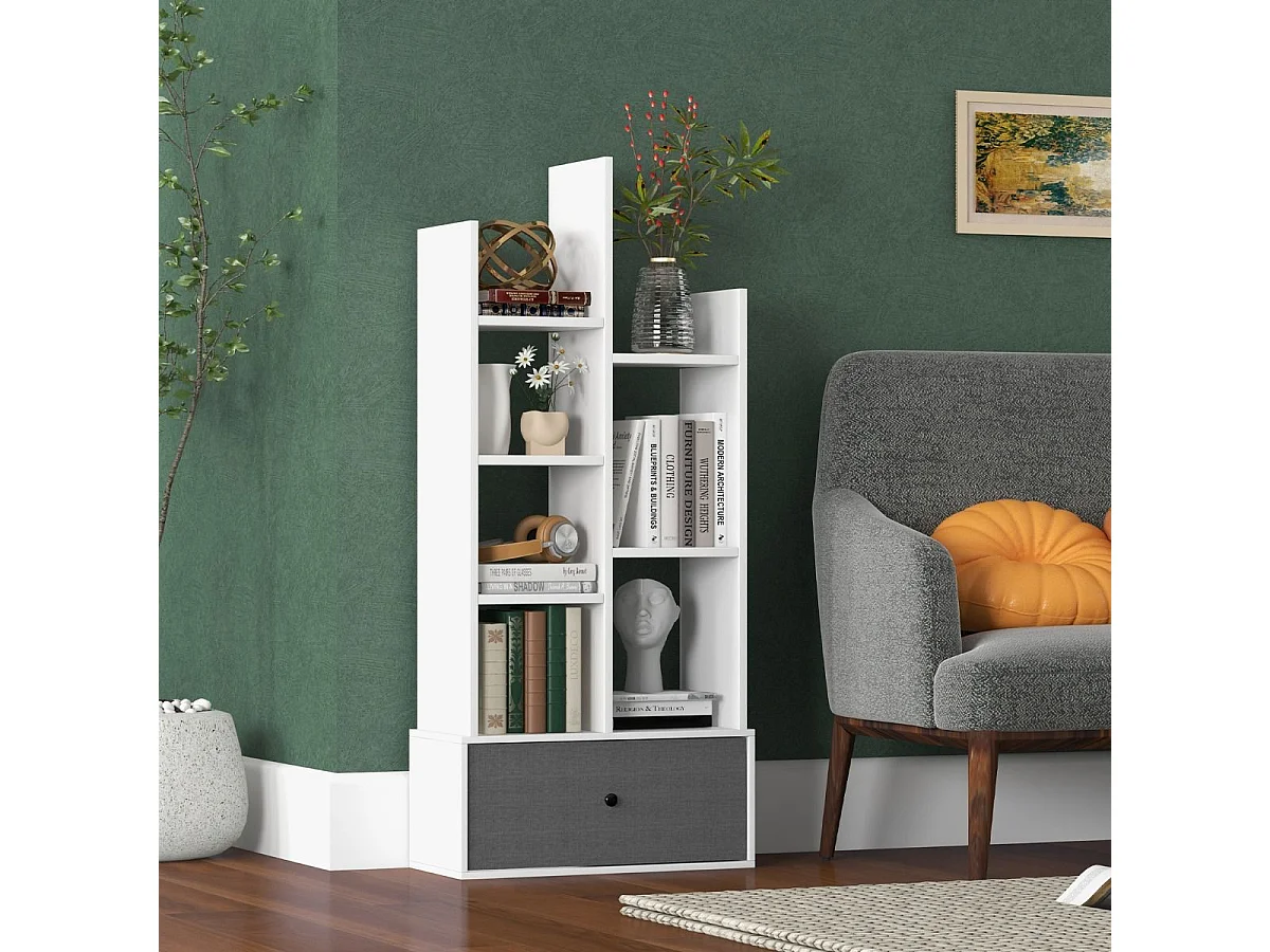 Bibliothèque à 7 niveaux avec tiroir amovible, étagère 7 compartiments, 53x24x118cm blanc