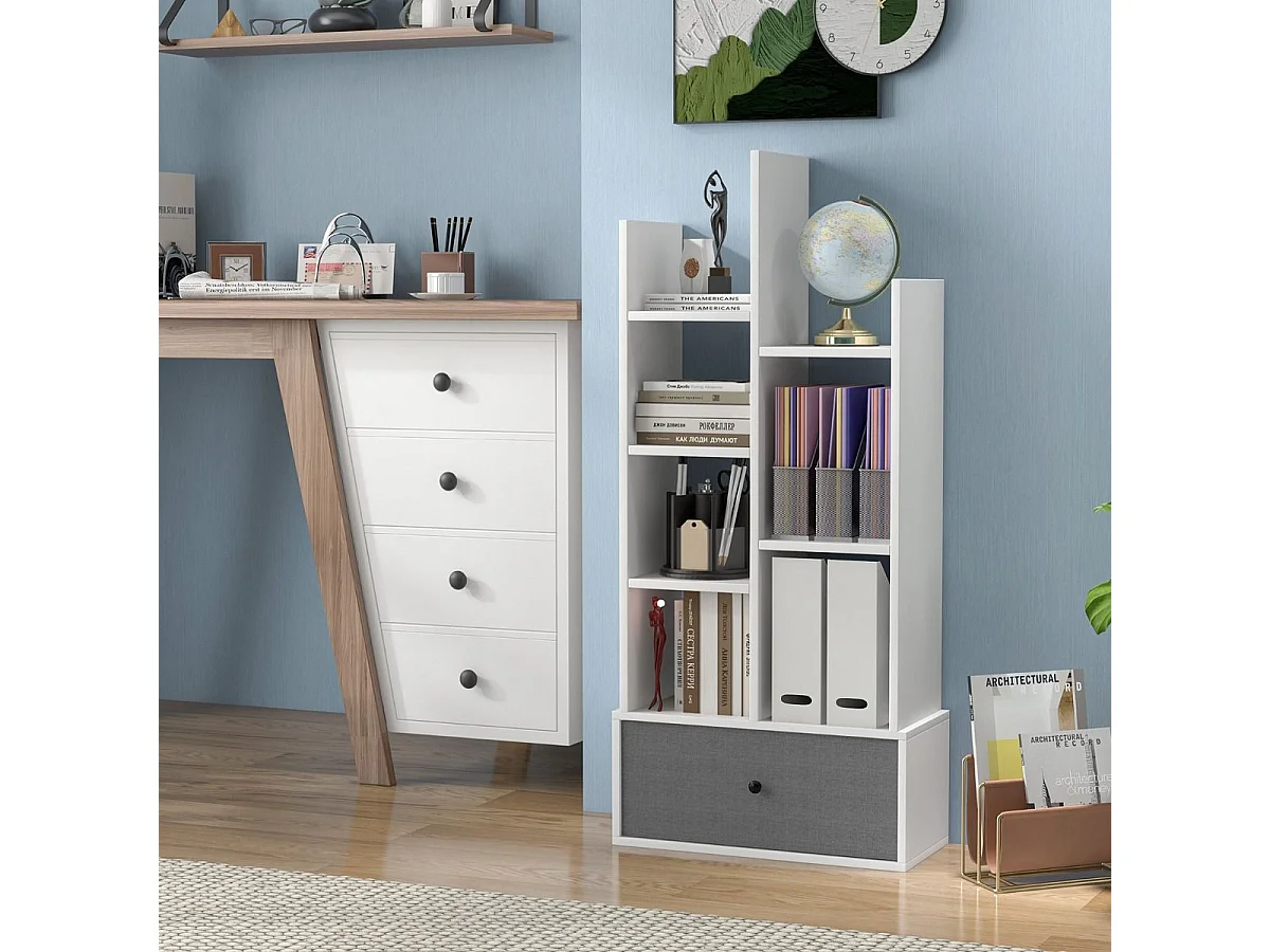 Bibliothèque à 7 niveaux avec tiroir amovible, étagère 7 compartiments, 53x24x118cm blanc