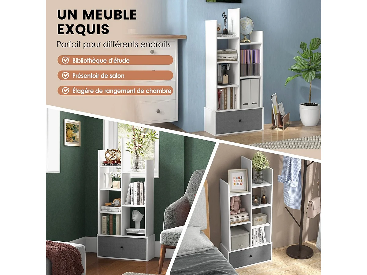 Bibliothèque à 7 niveaux avec tiroir amovible, étagère 7 compartiments, 53x24x118cm blanc